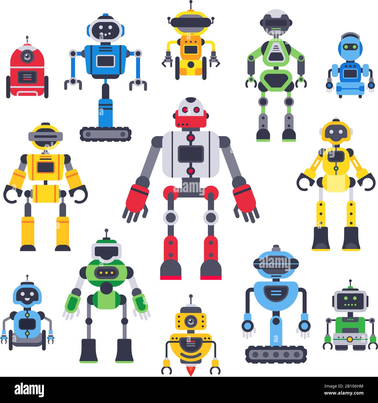 Robots et bots plats. Robot bot mascotte, robot humanoïde et mignon chatbot assistant vecteur personnages plats ensemble Illustration de Vecteur