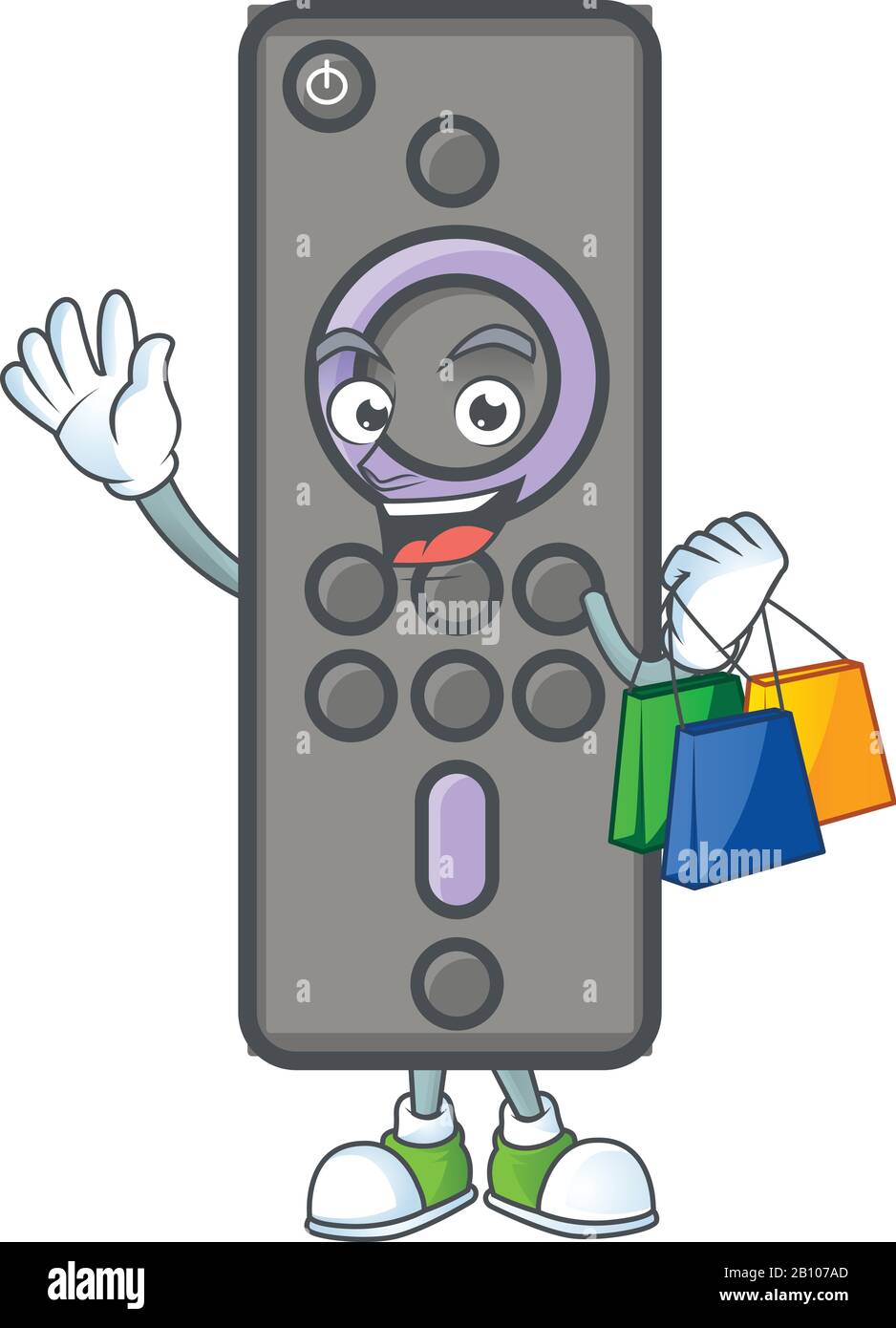 Un design de dessin animé de télévision à télécommande qui agite et tient un sac de shopping Illustration de Vecteur
