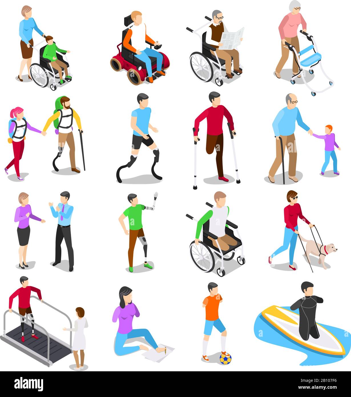 Personnes handicapées isométriques. Soins aux personnes handicapées, personnes âgées handicapées âgées en fauteuil roulant et prothèses de membre vecteur Illustration de Vecteur
