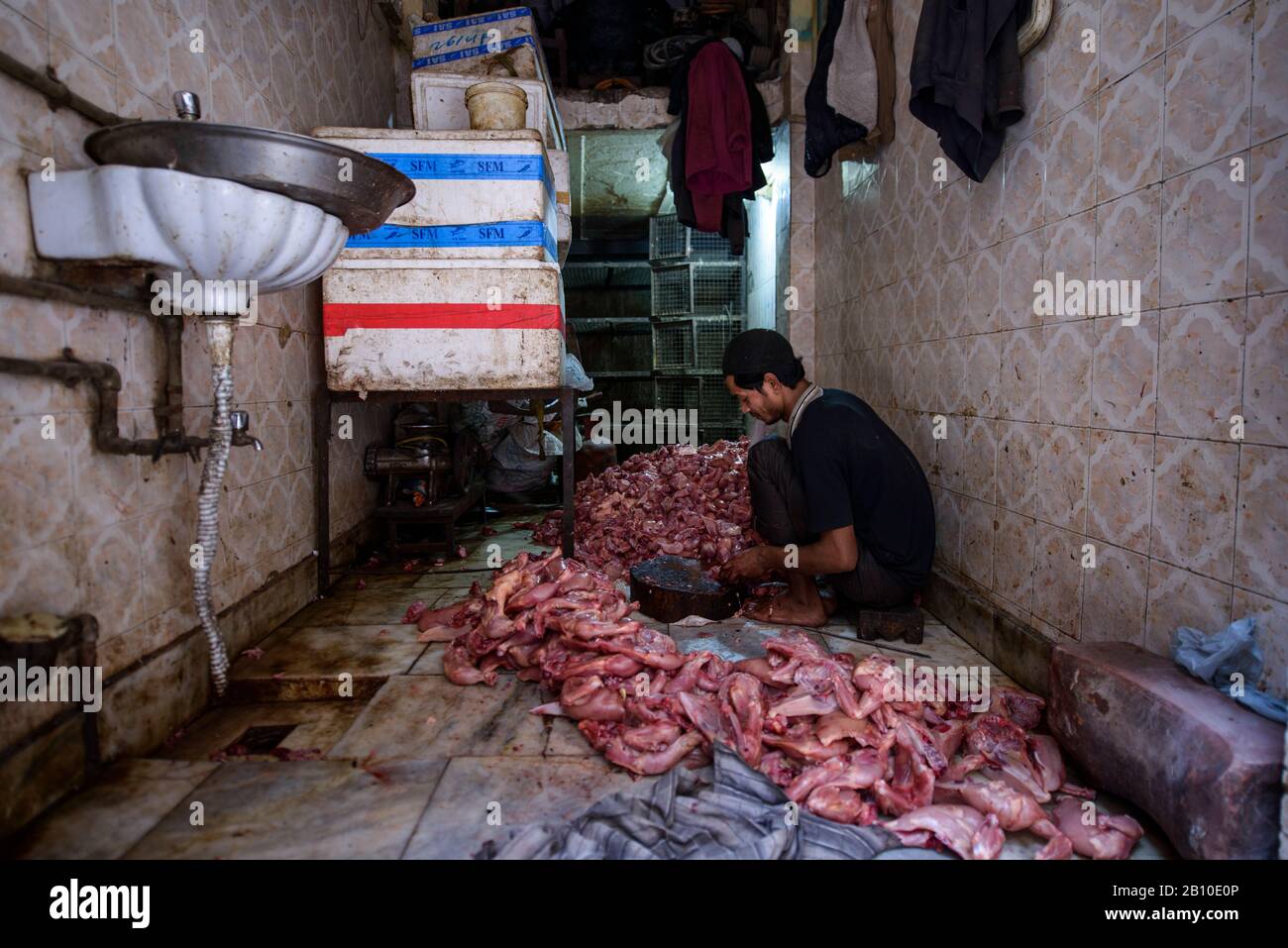 Magasin de boucher de l'ancienne Delhi, Inde Banque D'Images