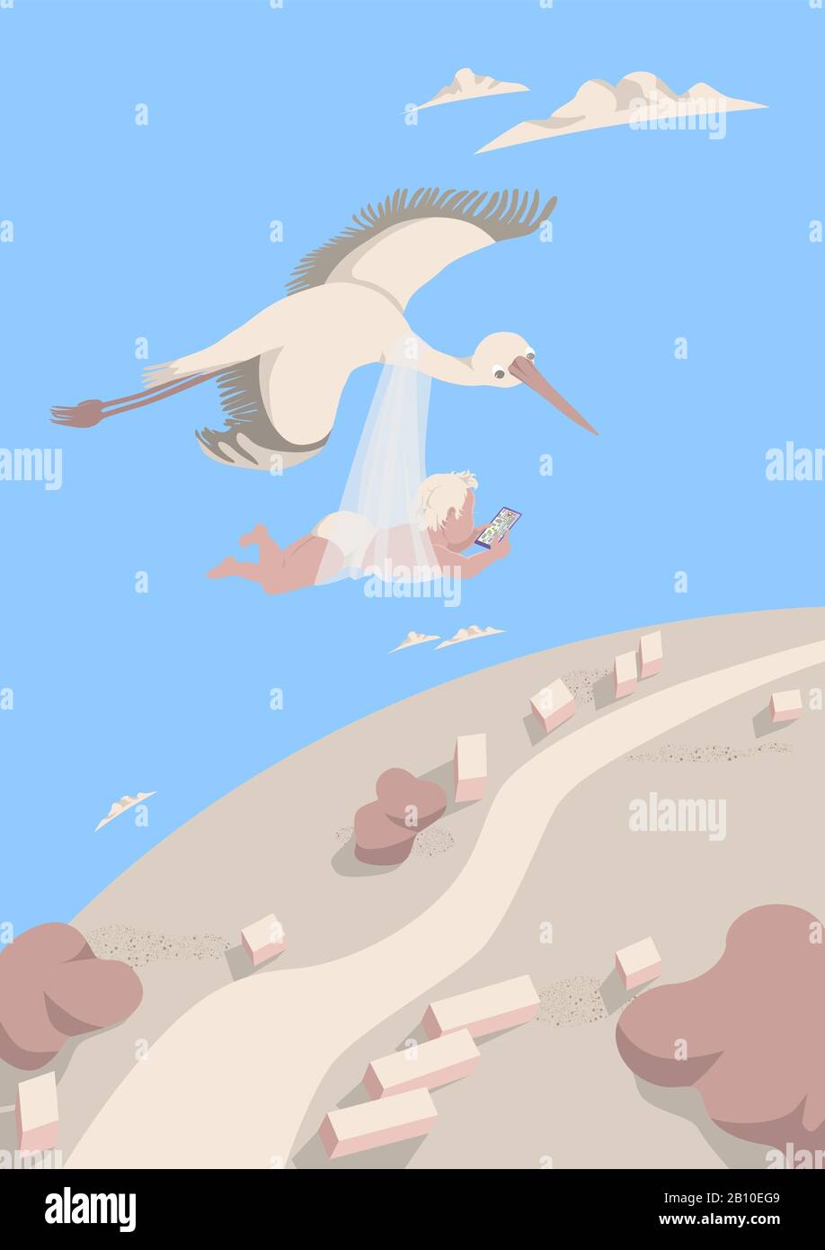 Le stork transporte un bébé en regardant le chemin sur le navigateur dans le smartphone. Un oiseau vole haut dans le ciel parmi les nuages. Concept de carte postale postc Illustration de Vecteur