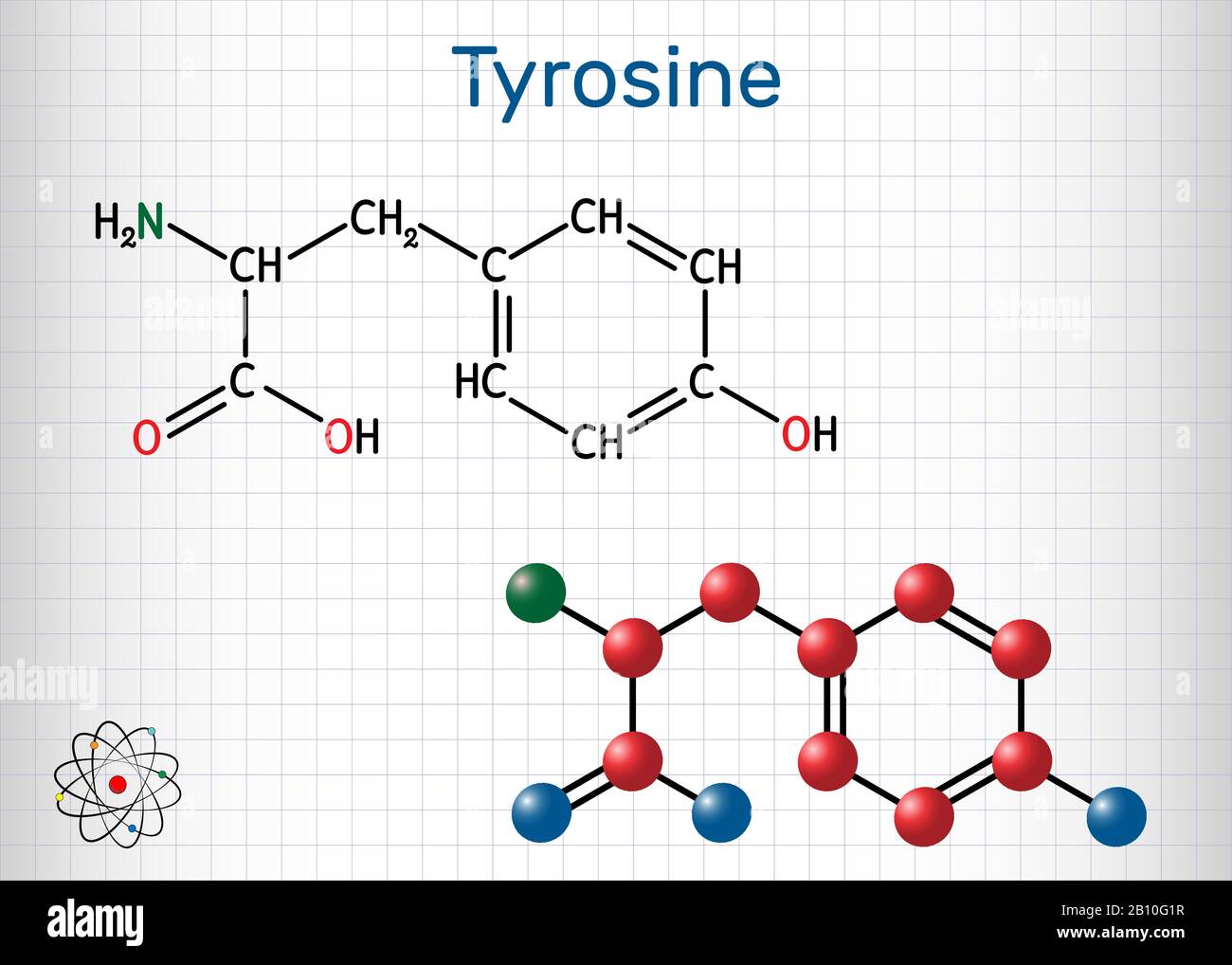 Tyrosine, L-tyrosine, Tyr, molécule d'acide aminé C9H11NO3. Il joue un rôle dans la synthèse des protéines, il est précurseur de la synthèse des catécholamines, thyrox Illustration de Vecteur