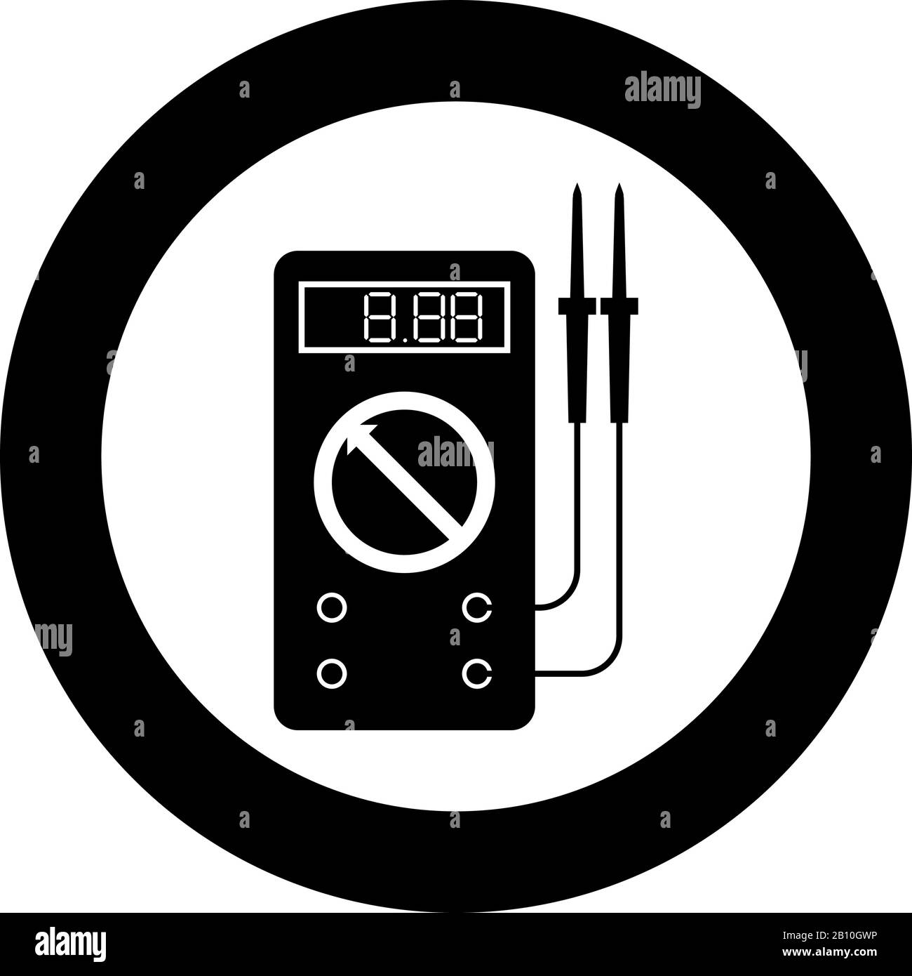 Multimètre numérique pour mesurer les indicateurs électriques tension c.a. intensité de courant de l'ohmmètre avec l'icône des sondes dans le cercle noir vecteur de couleur Illustration de Vecteur