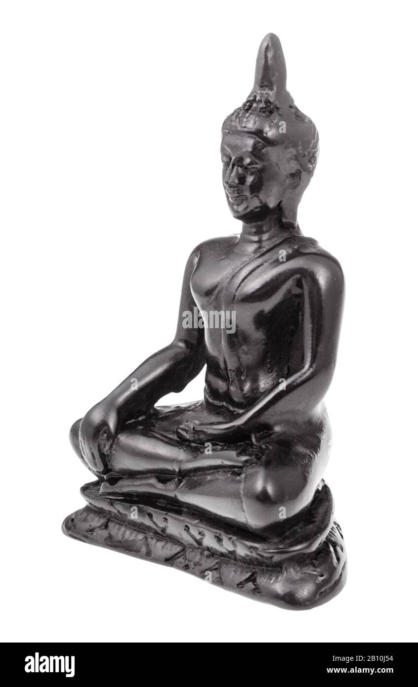 Figurine alabaster typique de la Terre Touchant Bouddha isolé sur fond blanc Banque D'Images