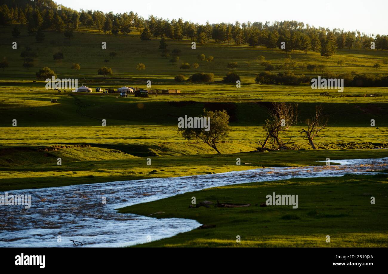 Rivière dans la steppe mongole, Mongolie Banque D'Images