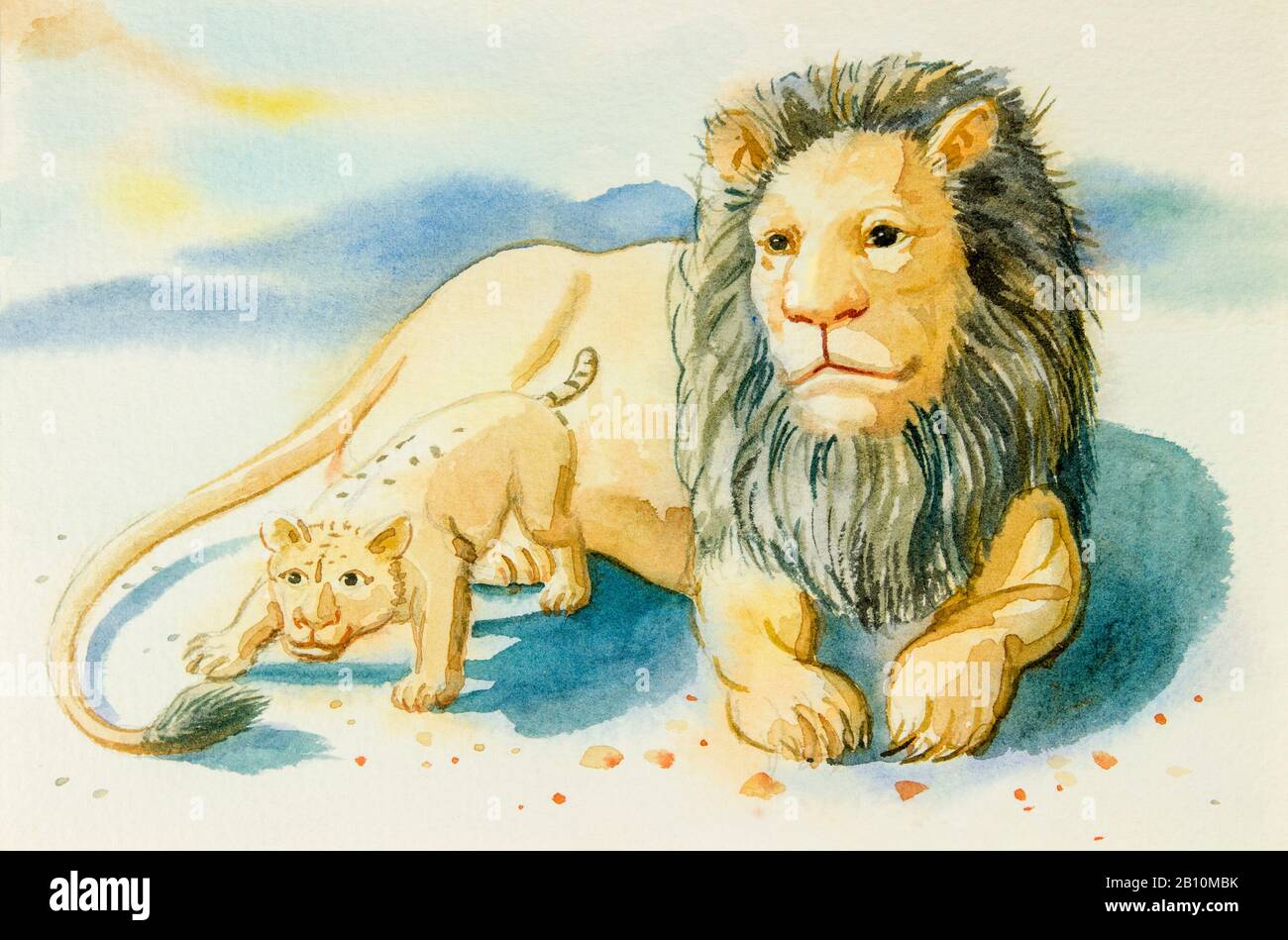 Illustration Peinture Aquarelle Jolie Dessin Anime De Lion Et De Bebe En Montagne Photo Stock Alamy