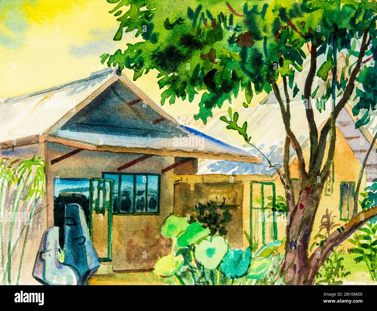 Peinture aquarelle paysage original de la maison à la campagne sous l'arbre vert dans le ciel et le nuage fond Banque D'Images