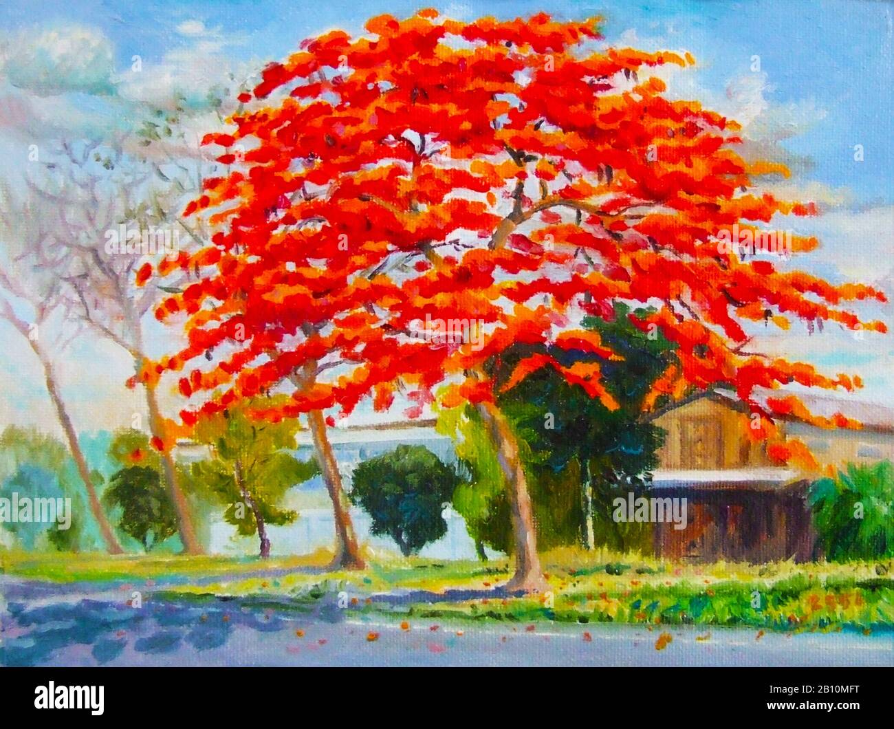 Peinture huile couleur paysage original coloré de paon arbre de fleurs et maison en bois avec nuage dans le fond du ciel Banque D'Images