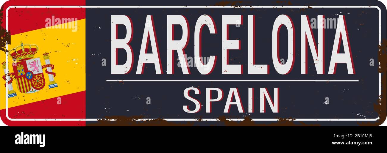 Barcelone Espagne rétro souvenir vieux signe de métal. Modèles à aimant vintage pour les destinations de voyage les plus populaires. Illustration de Vecteur