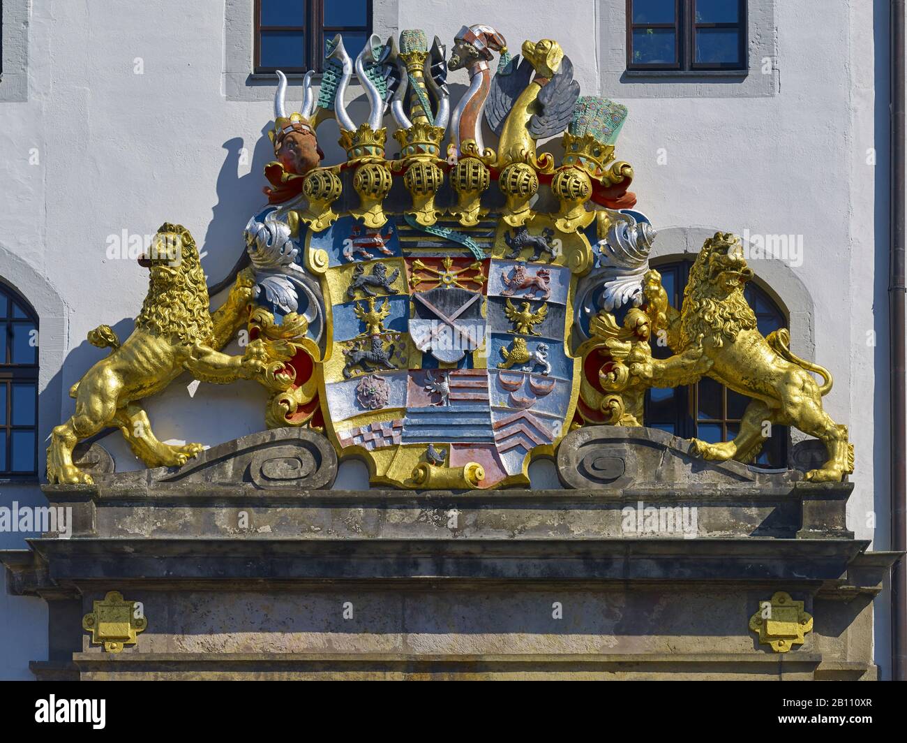 Armoiries à l'entrée du château de Hartenfels, Torgau, Saxe, Allemagne Banque D'Images