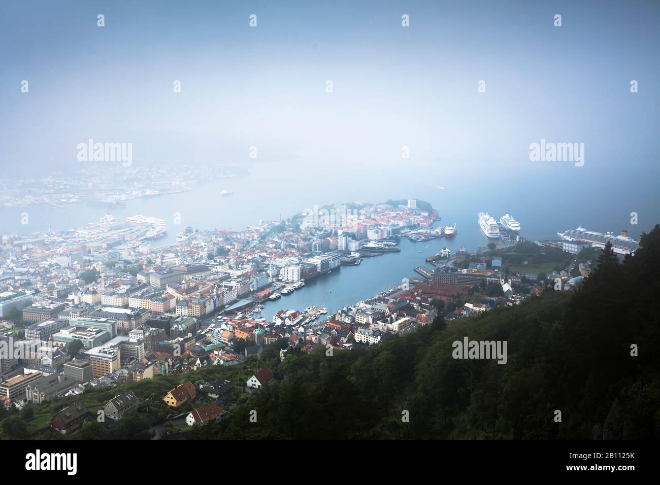 Vue depuis le mont Floyen jusqu'à la ville de Bergen au Byfjorden, Norvège Banque D'Images