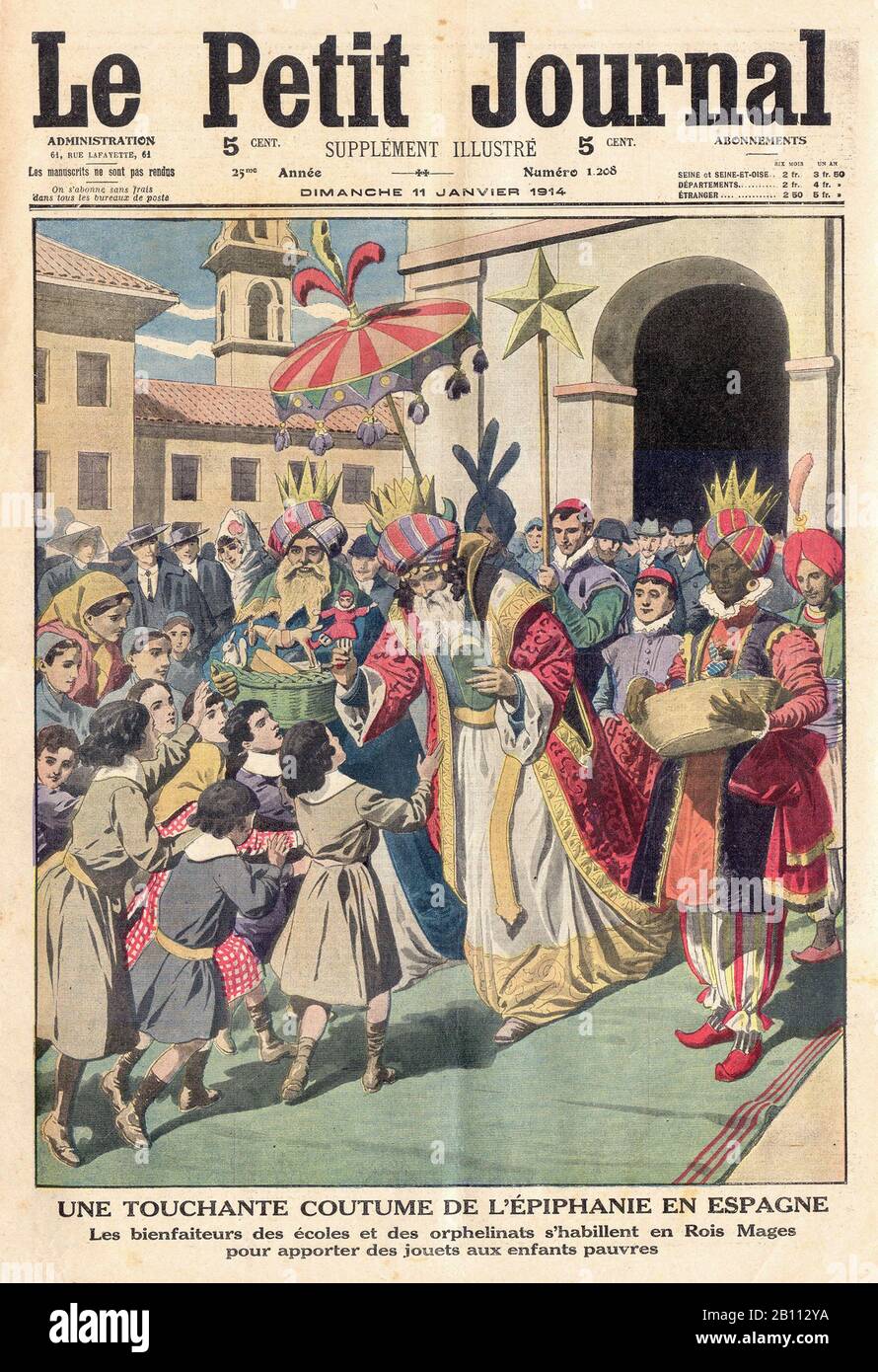 Une TOUCHANTE COUAUME DE l'EPIPHANIE en ESPAGNE les bienfaiteurs des écoles et des orphelinats s'habillent en Rois Mages pour porter des jouets aux fourmis pauvres - UN TOUCHANTE COUTURE D'EPIPHANIA EN ESPAGNE les bienfaiteurs des écoles et des orphelinats aux jouets pauvres des Rois - Dans Le Journal Illustré Français "Le Petit Journal" - 1914 Banque D'Images