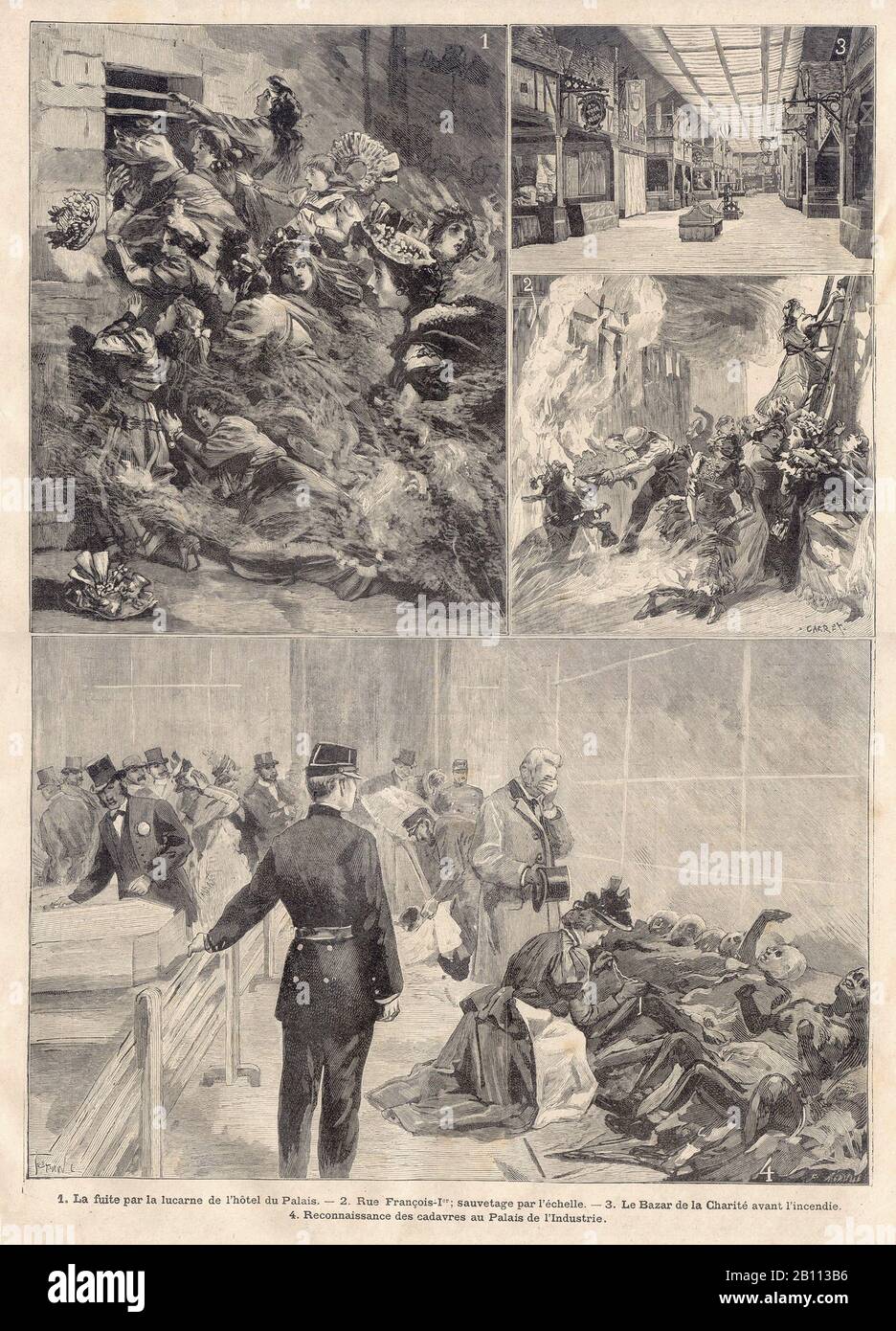 La fuite par la lucarne de l'hôtel du Palais. — 2. Rue François l'er ; sauvetage par l'échelle. — 3. Le Bazar de la Charité avant l'incendie. 4. Reconnaissance des cadres au Palais de l'Industrie. - Dans Le Journal Illustré Français "Le Petit Journal" - Banque D'Images