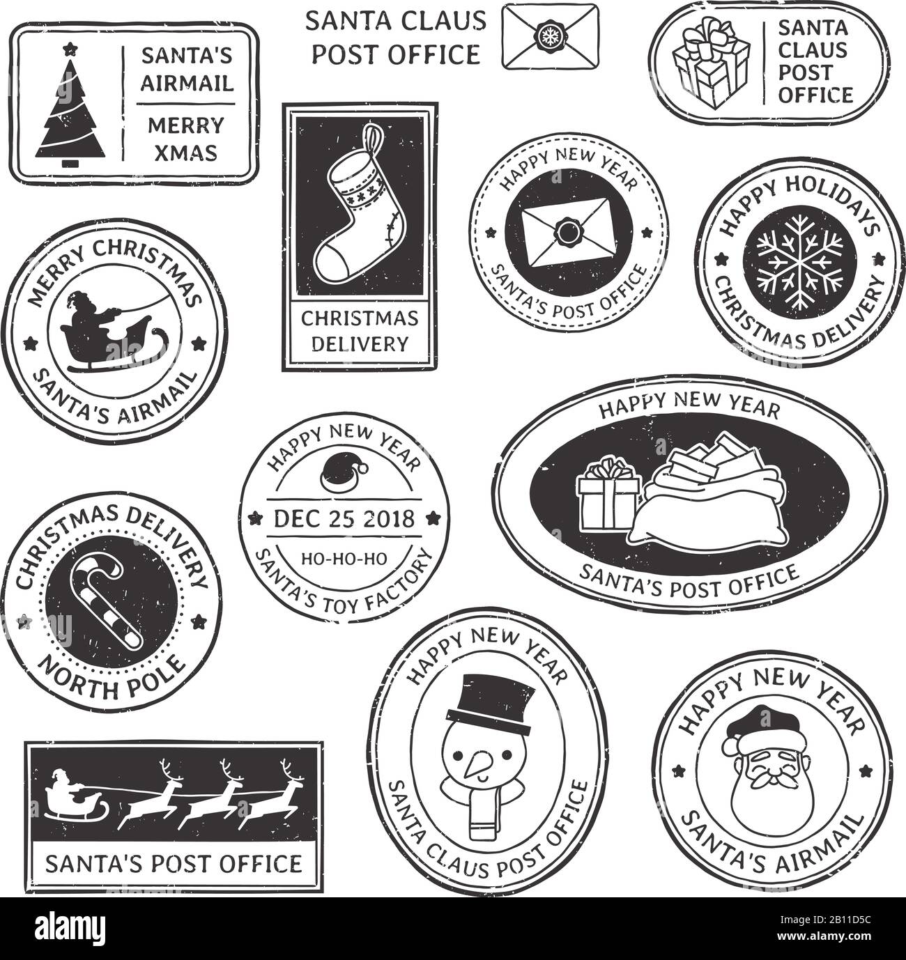 Timbre de Noël. Vintage Santa Claus postmark, pôle nord mail cachet et flocon de neige symbole sur les timbres vecteur illustration set Illustration de Vecteur
