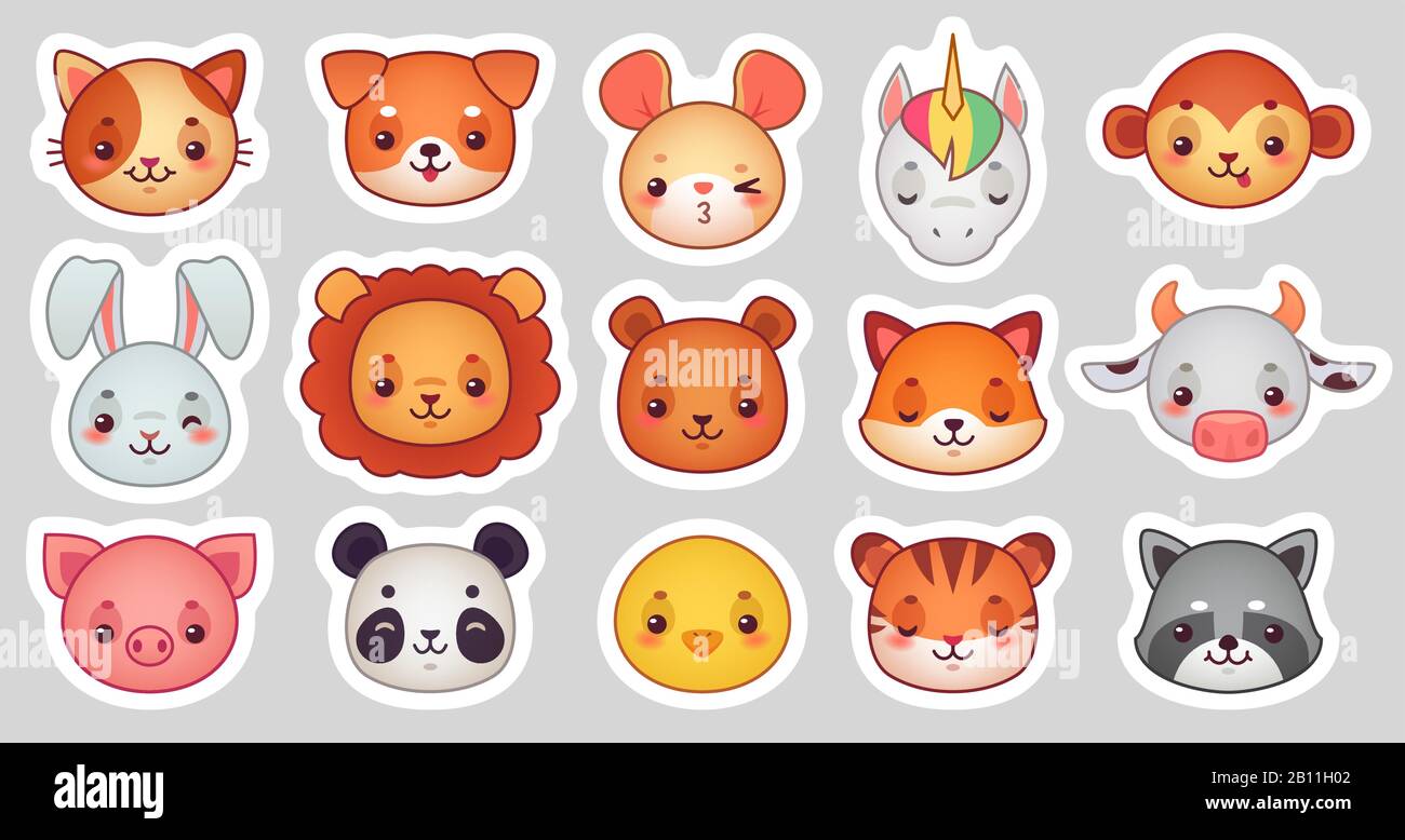 Autocollants pour le visage d'animaux. Visages animaux mignons, kawaii drôle émotiji autocollant ou avatar. Jeu d'illustrations vectorielles de dessin animé Illustration de Vecteur