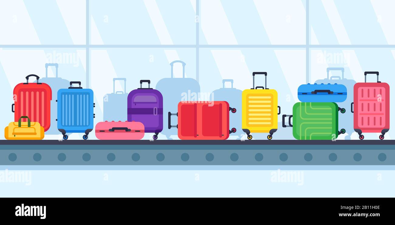 Convoyeur de ceinture à bagages. Valises de voyage sur le carrousel de bagages de l'aéroport, illustration vectorielle de valise perdue par la compagnie aérienne Illustration de Vecteur