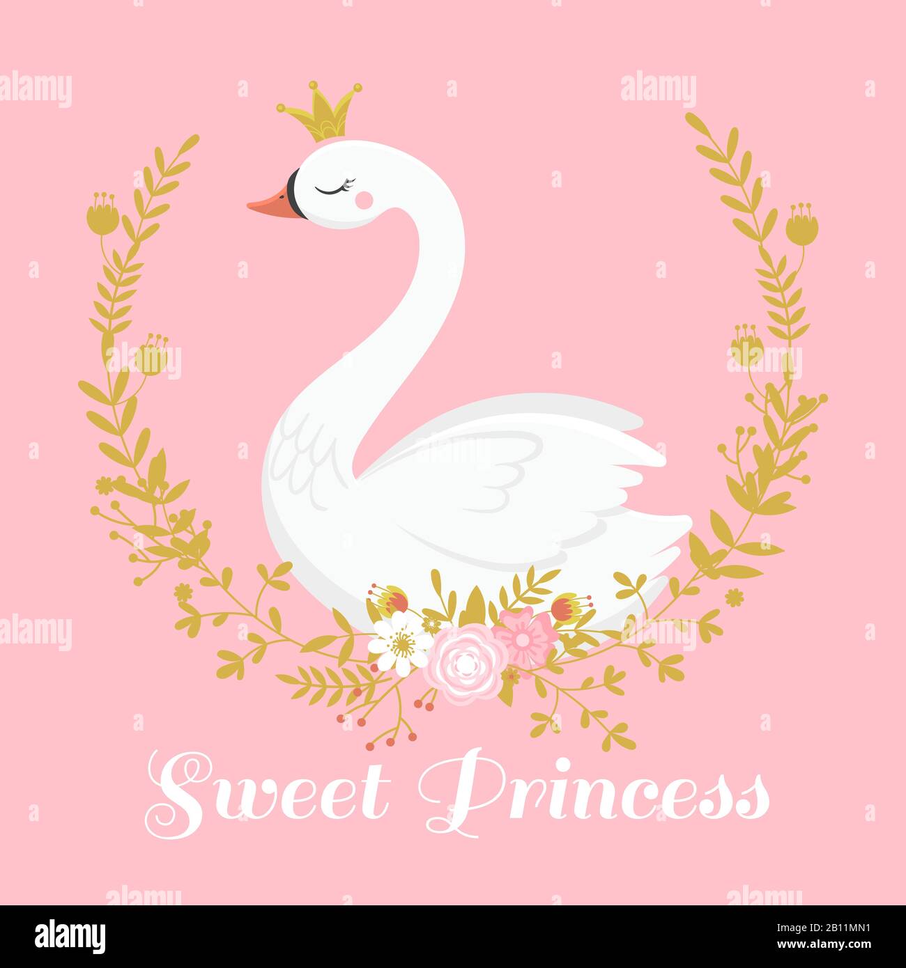 Jolie princesse de cygne. Magnifique lac wans oiseau en couronne dorée, jolie princesse fille cadeau carte illustration vectorielle Illustration de Vecteur