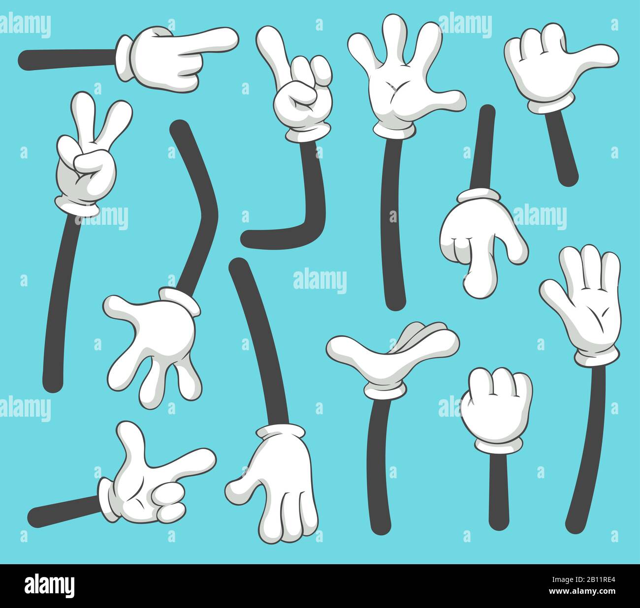 Bras de dessin animé. Doodle gloved aiguilles pointent les mains, bras de point humain différent. Jeu d'illustrations vectorielles vintage Illustration de Vecteur