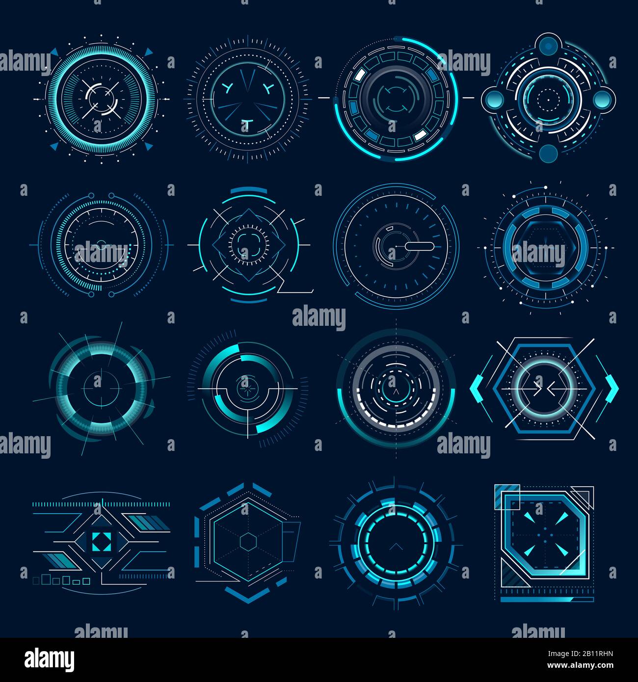 Objectif optique futuriste. Vue du collimateur militaire, indication de la plage de mise au point des cibles du canon. Jeu d'icônes de vecteur de visée hud de cible d'arme Sniper Illustration de Vecteur