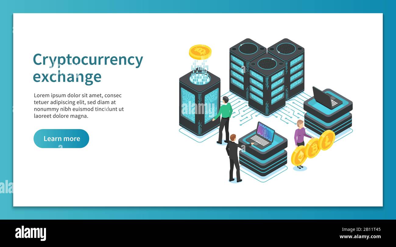 Page d'accueil de Cryptocurrency Exchange. Exploitation minière de personnes, échange de plate-forme de crypto. Concept isométrique vectoriel du marché des paiements en ligne Illustration de Vecteur
