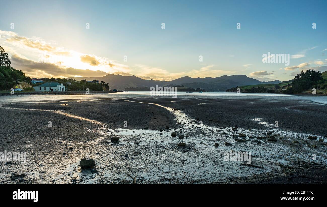 Baie de Latham à marée basse et au coucher du soleil, Portobello, Dunedin, Nouvelle-Zélande Banque D'Images