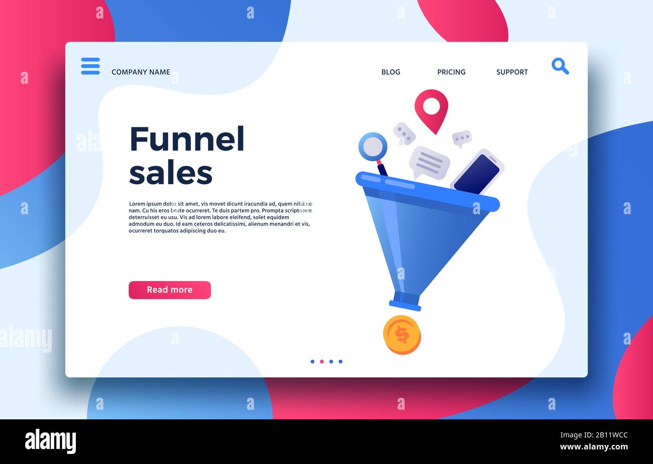 Ventes d'entonnoir. Illustration vectorielle de la génération de ventes de marketing d'affaires de la page d'accueil, de la conversion des acheteurs et des générations de profit d'argent Illustration de Vecteur