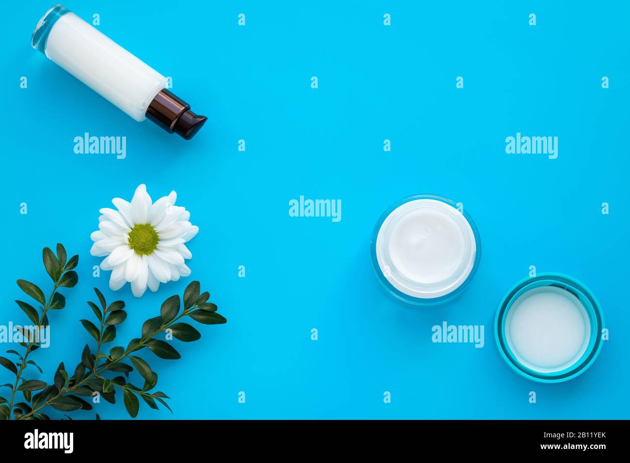 Ensemble de bouteilles à usage cosmétique sur fond bleu. Crème pour le visage et lotion blanche avec fleur de Marguerite. Cosmétiques naturels à base de plantes. Bol en verre et vaporiser de c blanc Banque D'Images