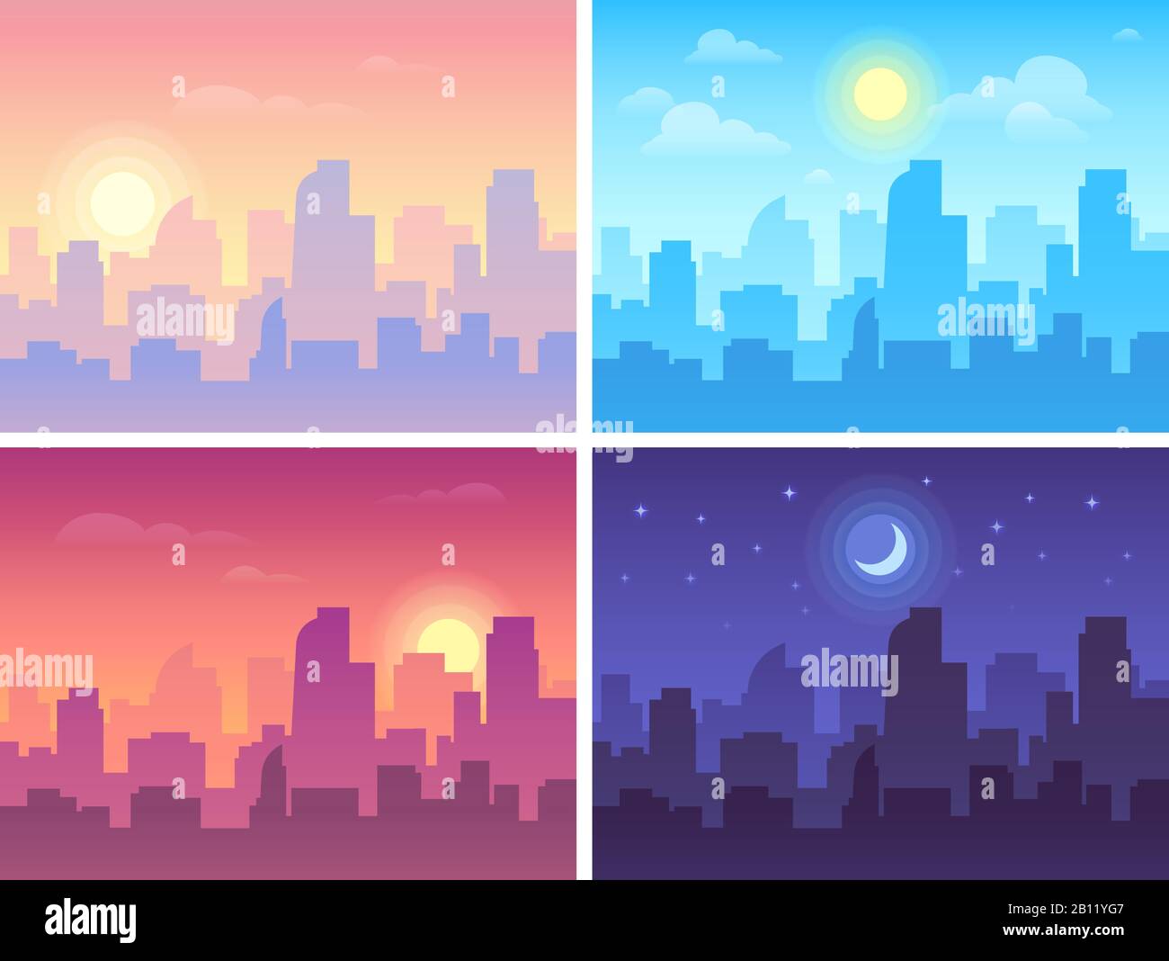 Paysage urbain de jour. Paysage urbain de la ville le matin, le jour et la nuit, bâtiments de la ville en différentes heures et milieu urbain vectoriel Illustration de Vecteur