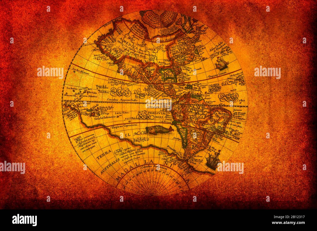 Carte du monde rouge vintage orange. Banque D'Images