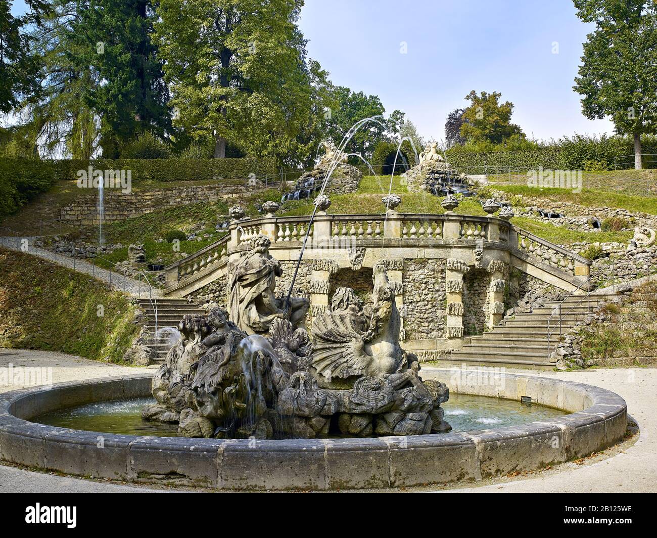 Cascade Et Fontaine Neptune Dans Le Parc Du Palais De Fantaisie, Eckersdorf, Haute-Franconie, Bavière, Allemagne Banque D'Images