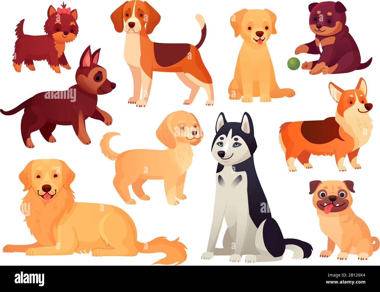 Chiot et chien de dessin animé. Heureux chiots avec un museau souriant, des chiens loyaux et