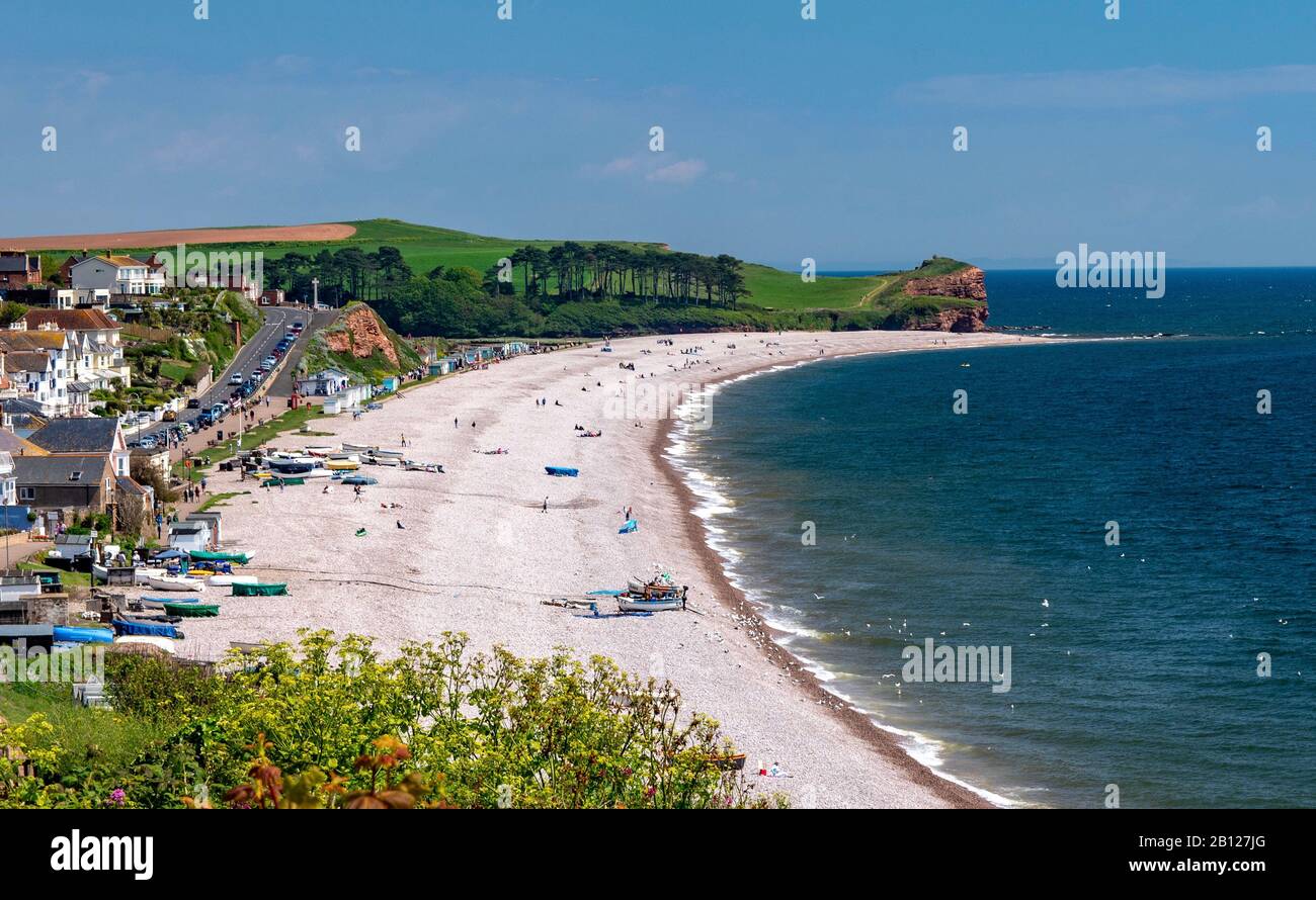 Une vue sur la plage de Budleigh Salterton depuis sur le haut, en regardant vers l'est Banque D'Images