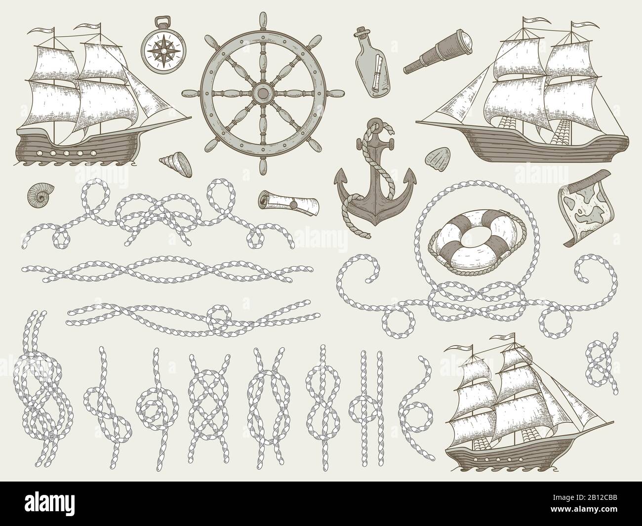 Éléments marins décoratifs. Cadres de corde de mer, bateau à voile ou bateau nautique volant et cordes nautiques coins vectoriels ensemble Illustration de Vecteur