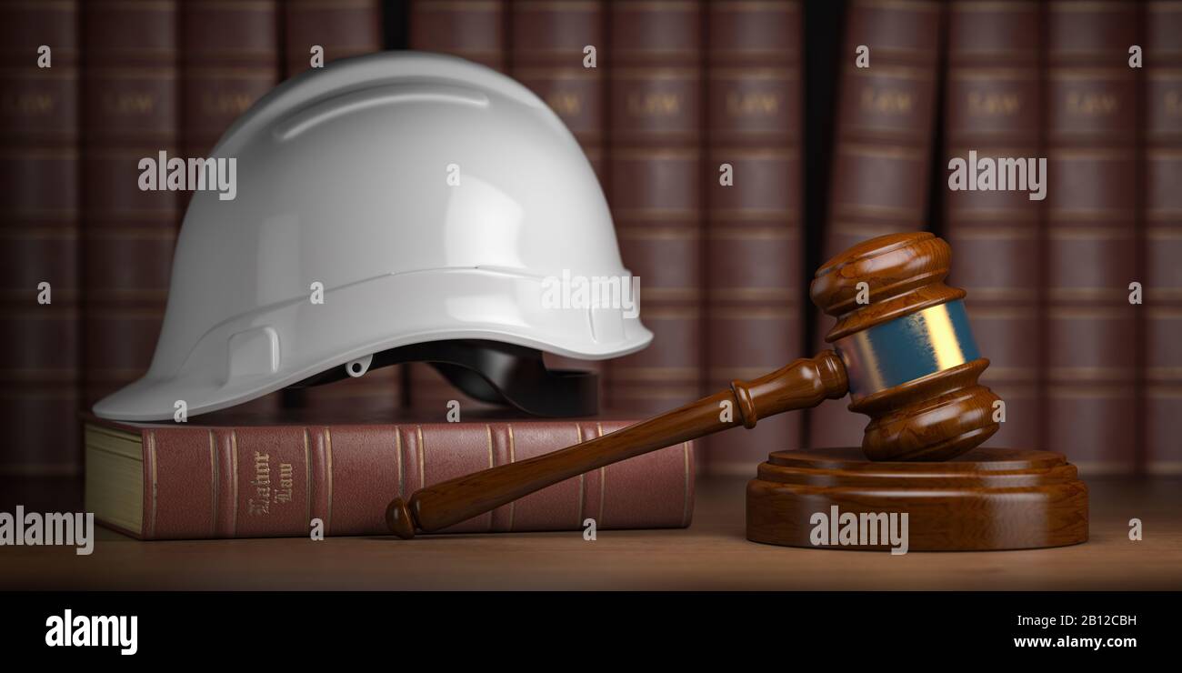 Concept du droit du travail. Gavel avec un chapeau de chantier et des livres. illustration tridimensionnelle Banque D'Images