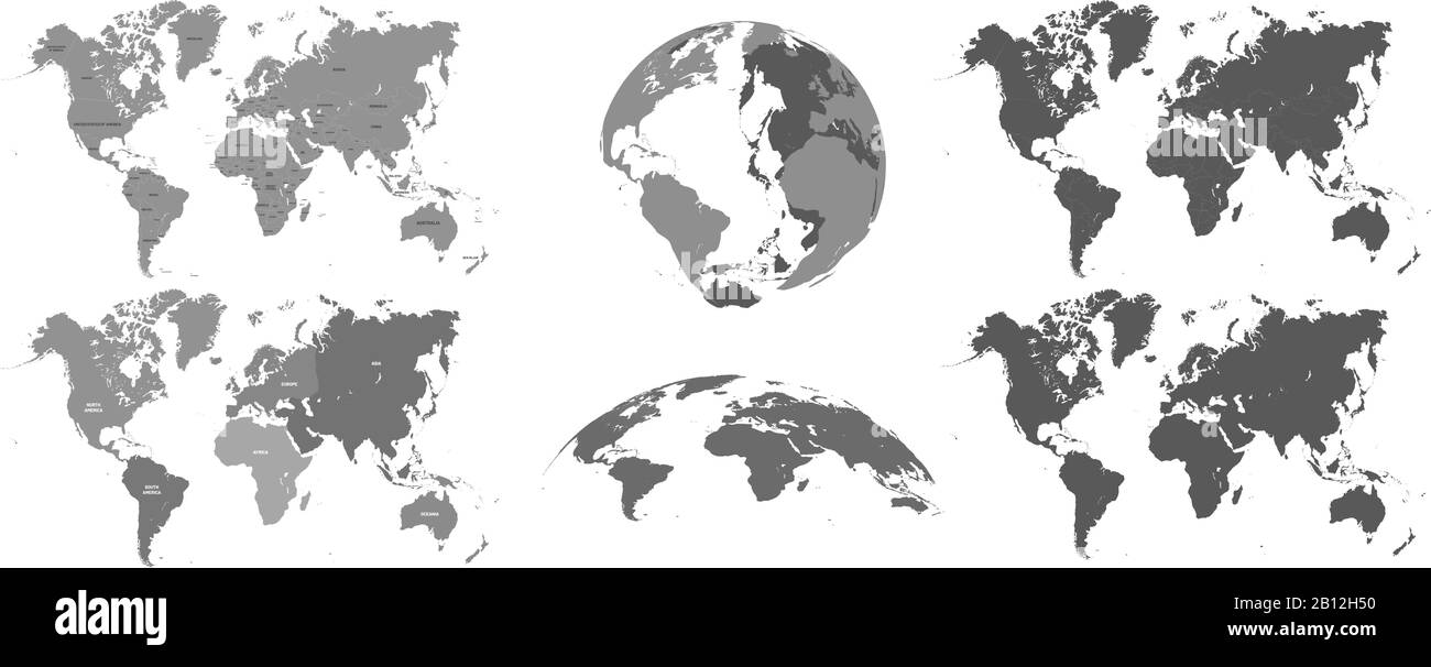 Cartes grises du monde. atlas de carte, topographie de la terre cartographie silhouette vecteur isolé jeu d'illustrations Illustration de Vecteur