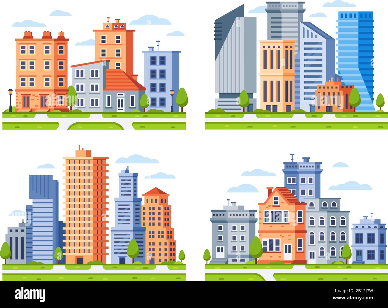 Immeubles immobiliers. Maisons de ville paysage urbain, immeuble d'appartements de ville et urbain résidentiel quartier vectoriel illustration set Illustration de Vecteur