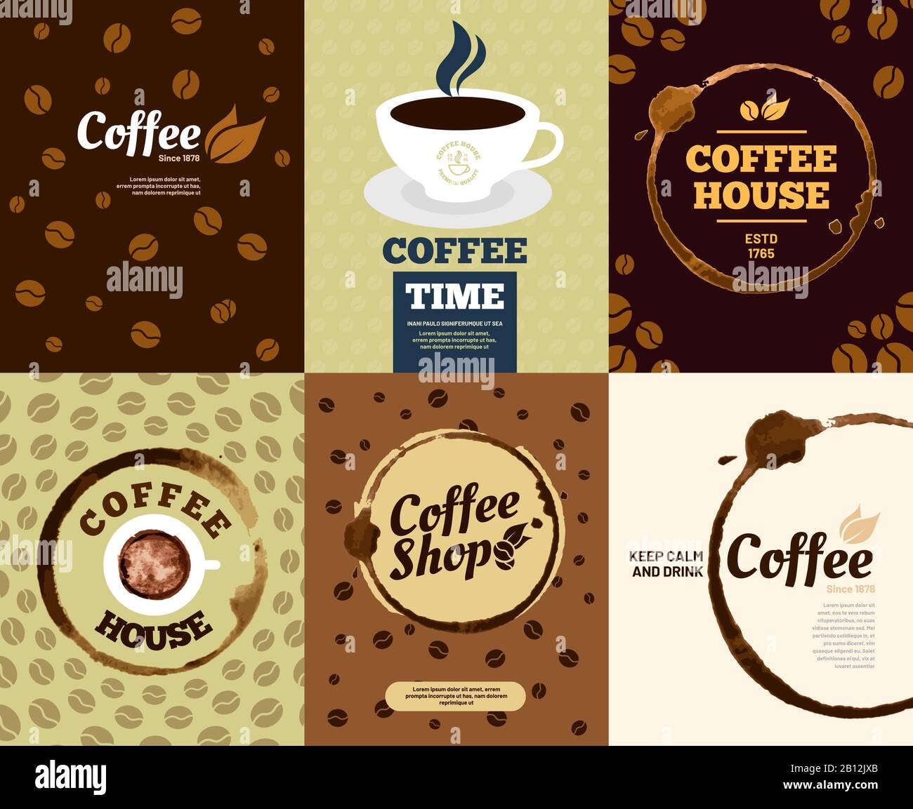 Affiches de café. Affiche de taches de café ou carte colorée de café anti-éclaboussure. Jeu d'illustrations vectorielles rétro Illustration de Vecteur