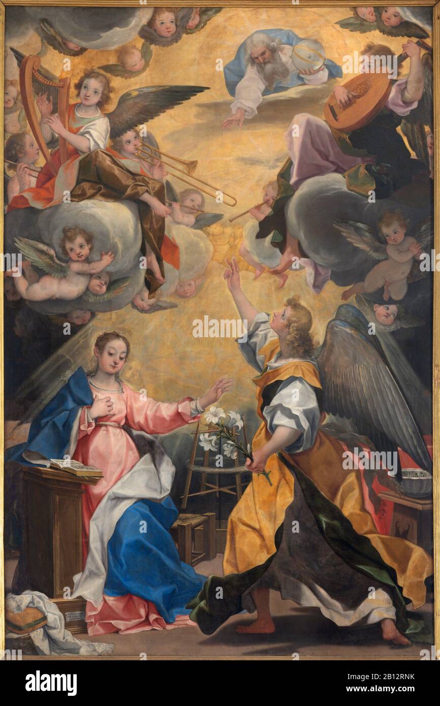 FERRARA, ITALIE - 30 JANVIER 2020 : la peinture de la Vierge Marie de l'Annonciation dans l'église Chiesa di Santa Maria del Porto par Giovanni Laurentini. Banque D'Images