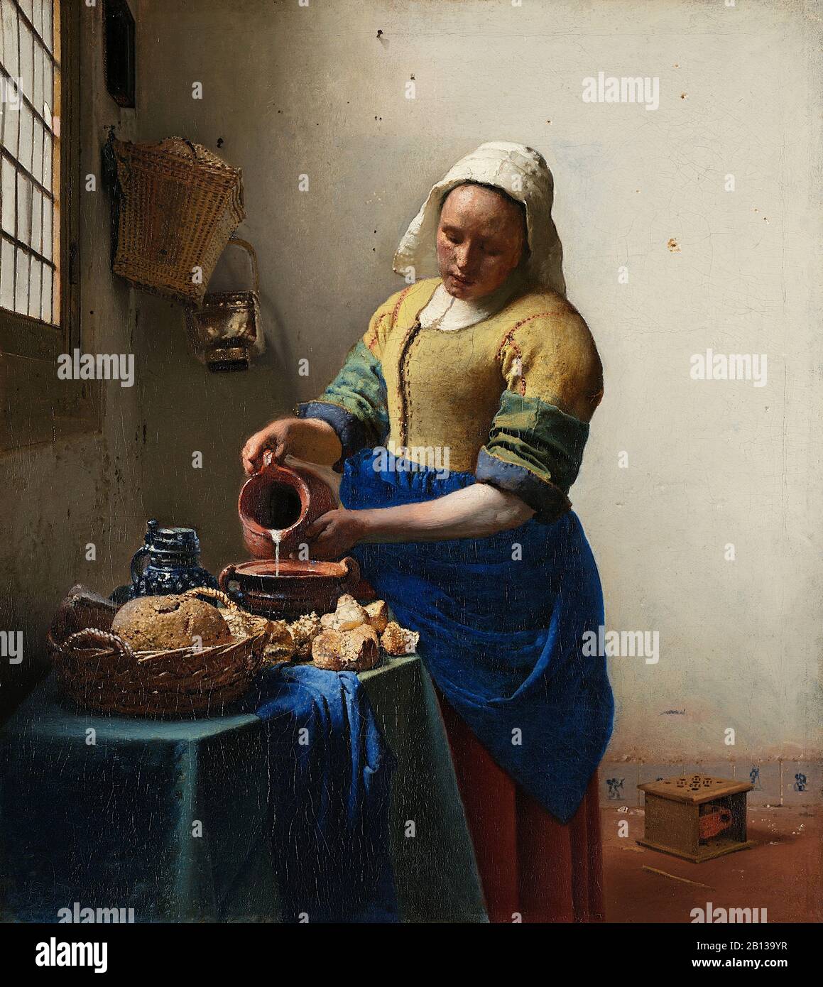 La Milkmaid (Servante Qui Verse Du Lait) (Vers 1660) De Johannes Vermeer - Époque Baroque Néerlandaise Du Xviie Siècle Peinture Banque D'Images