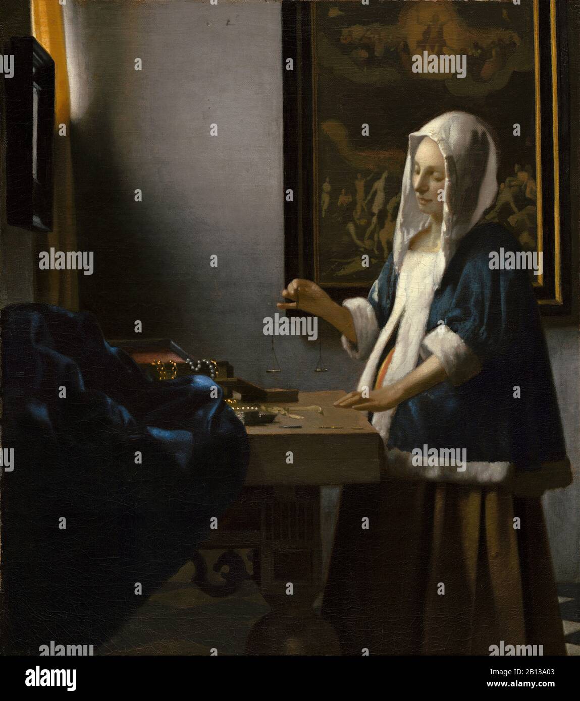 Femme tenant un équilibre (vers 1663) par Johannes Vermeer - période baroque hollandais du XVIIe siècle Peinture Banque D'Images