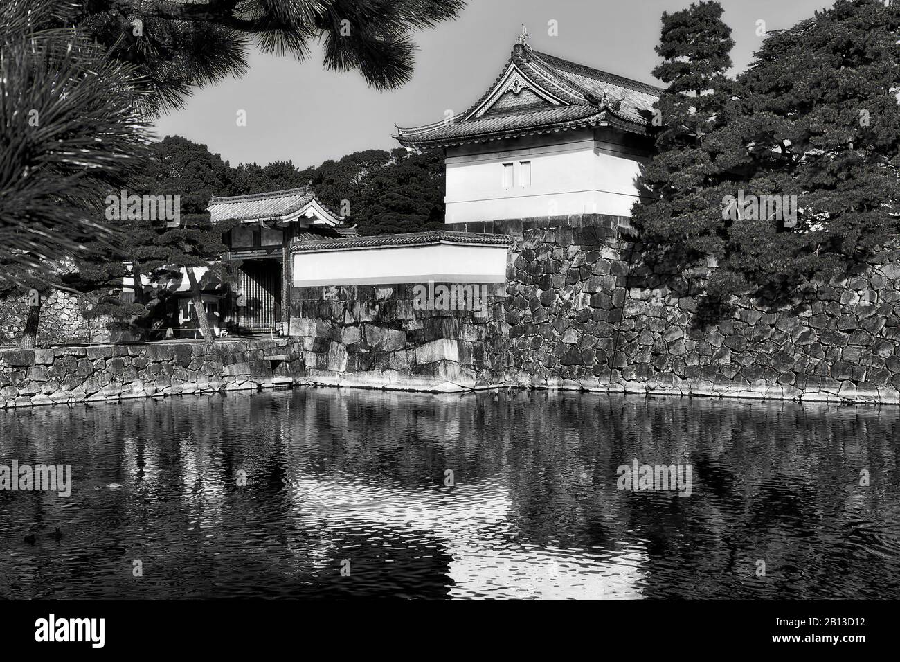 Tours historiques de couleur noire sur des murs en pierre autour du palais impérial dans la ville de Tokyo. Réflexion dans la moat remplie d'eau. Banque D'Images