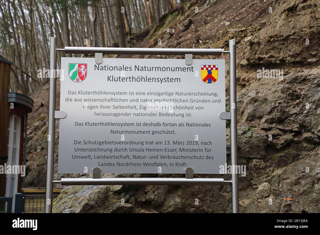 Signe d'information de la grotte Kluterthoehle, Allemagne, Rhénanie-du-Nord-Westphalie Banque D'Images