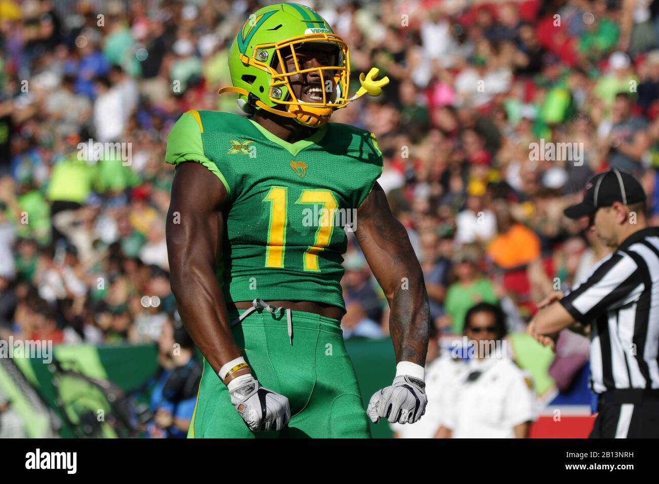 Tampa, Floride, États-Unis. 22 février 2020. Le grand récepteur de Tampa Bay Vipers Jalen Tolliver (17) réagit pendant le jeu XFL entre les Roughnecks de Houston et les Vipers de Tampa Bay qui se tiennent au stade Raymond James à Tampa, en Floride. Andrew J. Kramer/CSM/Alay Live News Banque D'Images