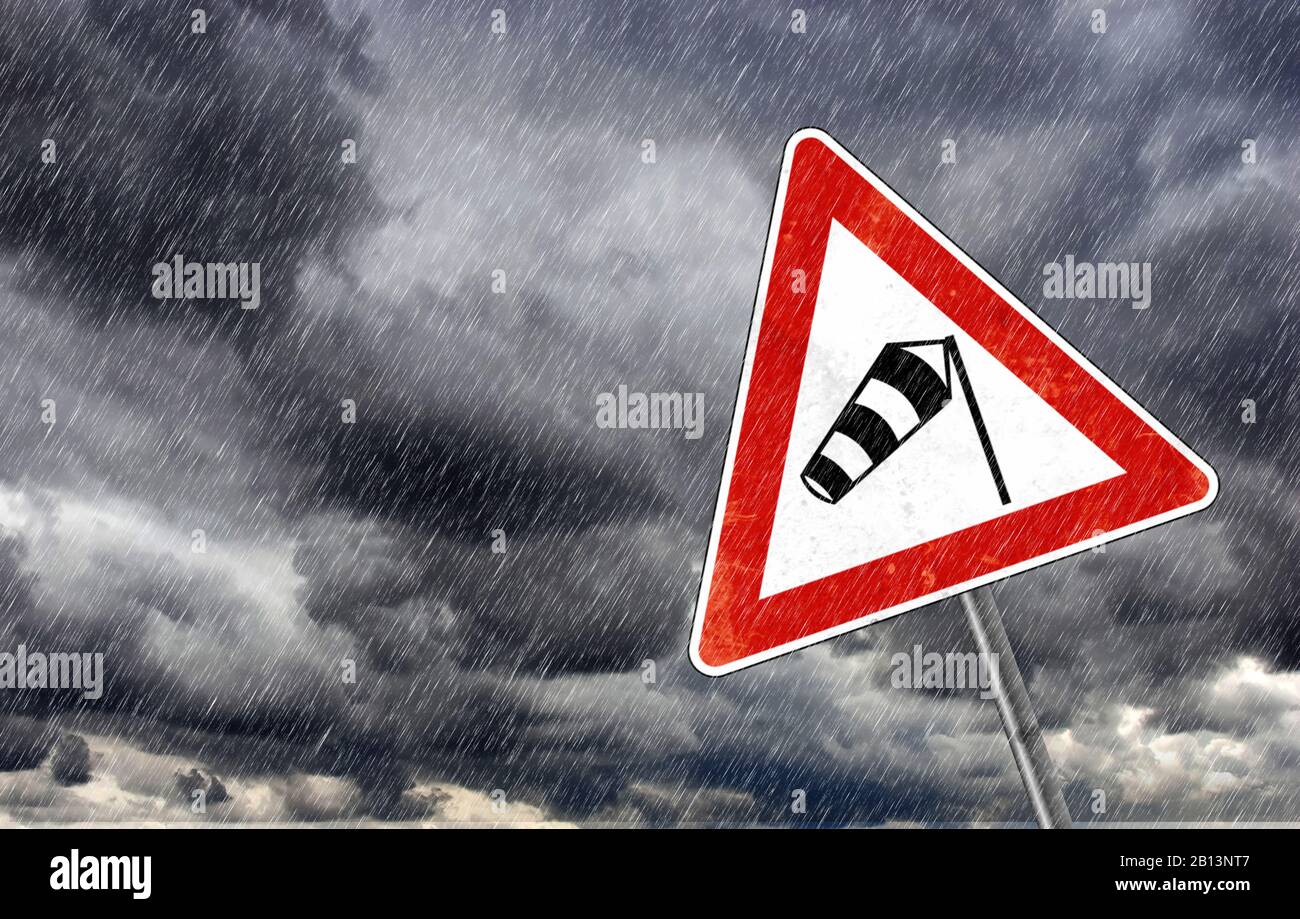 Signe d'avertissement de mauvais temps - attention - risque de tempête et de forte pluie, Banque D'Images