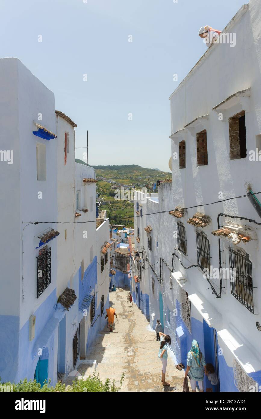 Rues et ruelles de la Médina de Chefchaouen, Maroc Banque D'Images