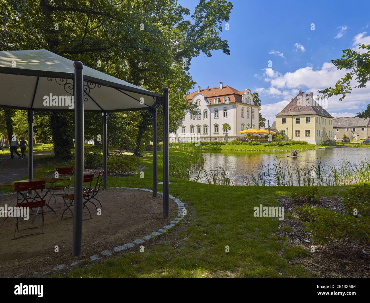 Kahnsdorf avec Schiller café à Kahnsdorf sur le lac Hainer près de Leipzig, Saxe, Allemagne Château de Kahnsdorf et Schiller café sur le lac Hainer près de Leipzig, Saxe, Allemagne Banque D'Images