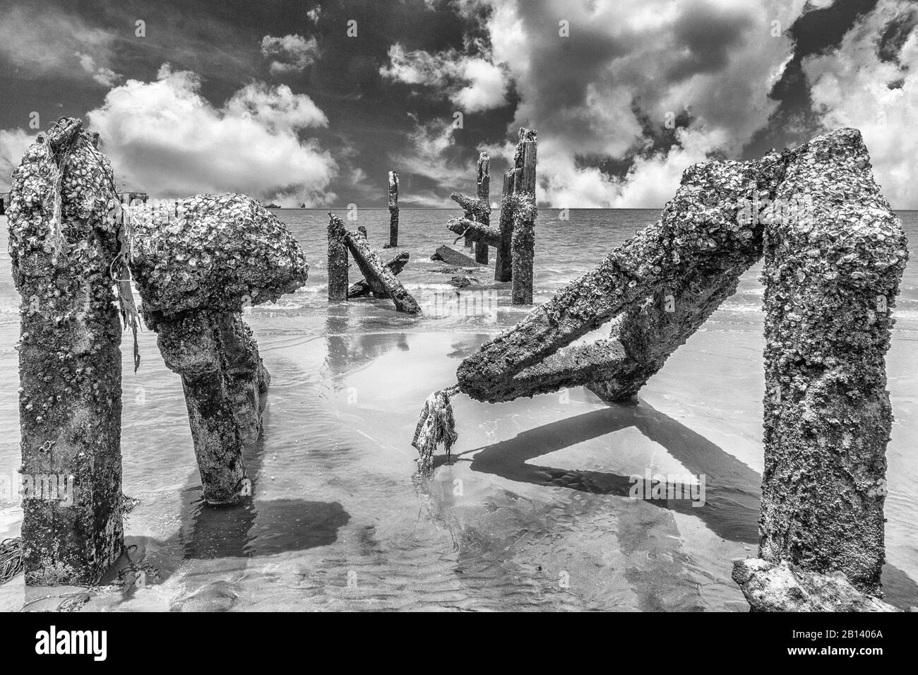 Souches d'un vieux quai à Hua Hin, Thaïlande. Noir et blanc Banque D'Images