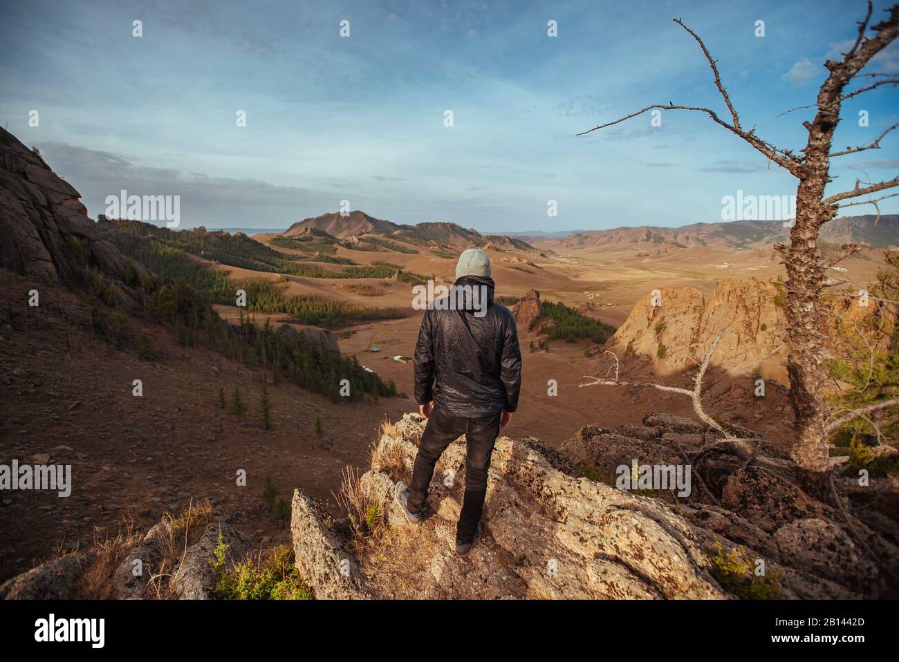 Homme debout sur des rochers, le mongol Suisse, désert de Gobi, Mongolie Banque D'Images