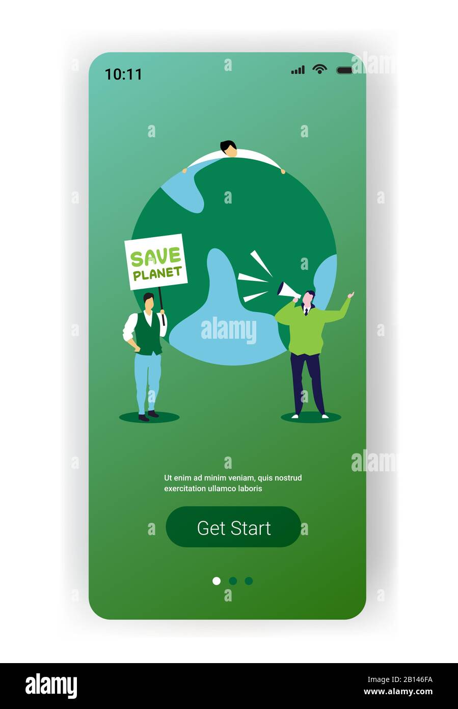 les militants environnementaux qui ont une affiche sauveront les manifestants de la planète qui militent pour protéger la terre contre le réchauffement de la planète copie sur toute la longueur de l'espace smartphone écran mobile illustration vectorielle d'application Illustration de Vecteur