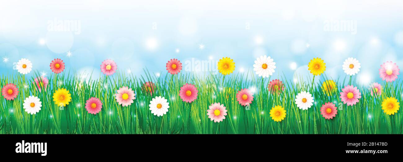 Illustration vectorielle printemps abstrait arrière-plan belle fleur colorée, pour un concept de vacances de printemps sur un ciel bleu, avec flou léger bokeh an Illustration de Vecteur